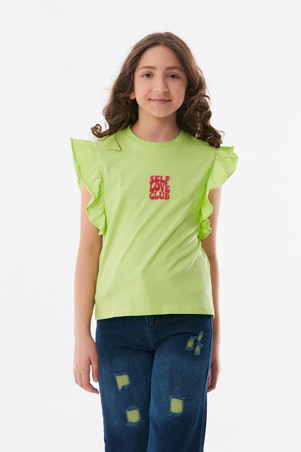 Embroidered Girl's T-Shirt with Ruffled Sleeves