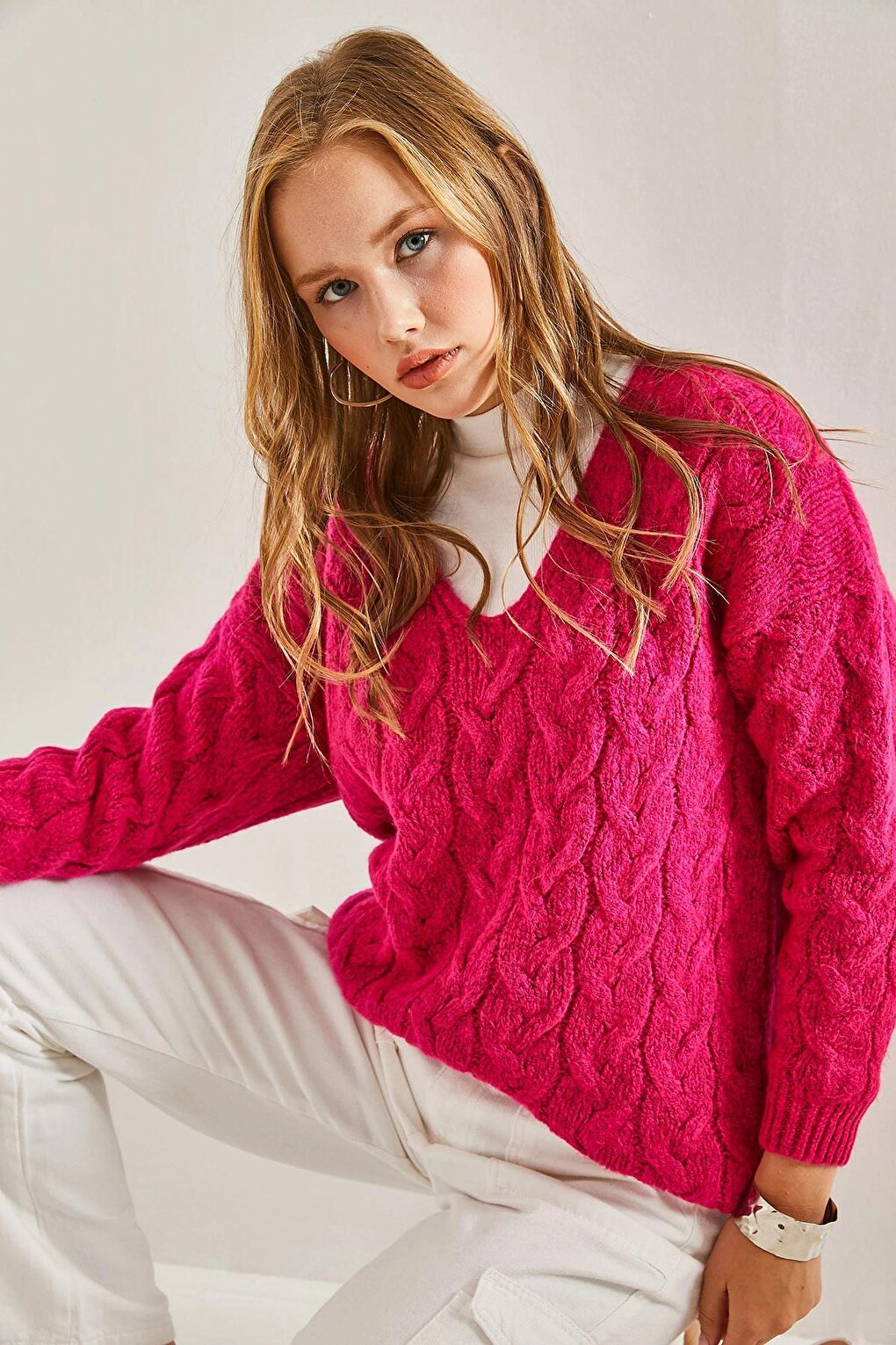 Women's Hair Braid Patterned Knitted Sweater