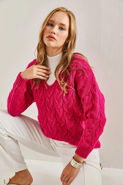 Women's Hair Braid Patterned Knitted Sweater