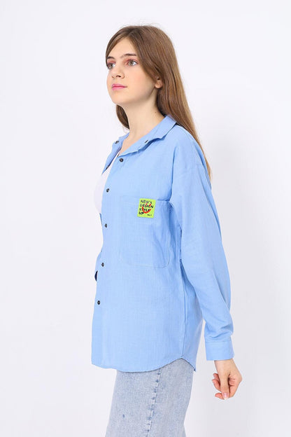 Girl's Comfortable Cut Linen Shirt with Pattern on the Back Lx212