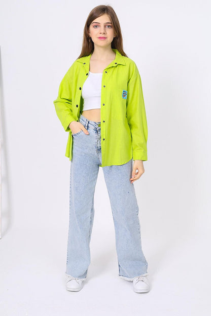 Girl's Comfortable Cut Linen Shirt with Pattern on the Back Lx212