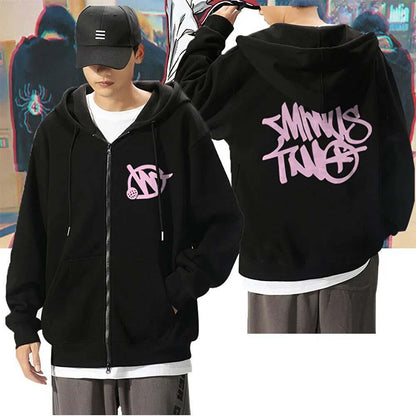 Minus Two Front-Back Printed Oversize Zippered Black Unisex Hooded Cardigan