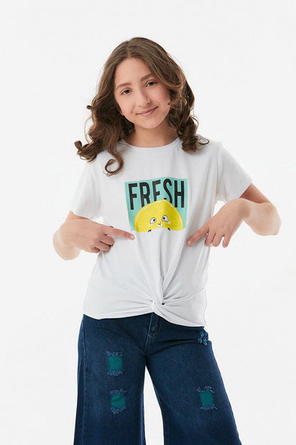 Printed Front Knotted Girls' T-Shirt