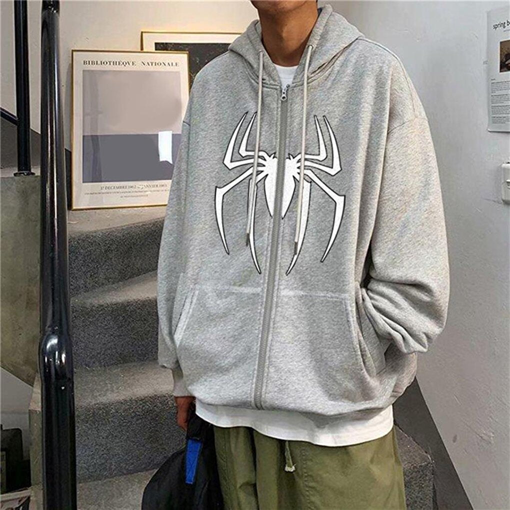 Spider Printed Oversize Zippered Gray Unisex Hooded Cardigan