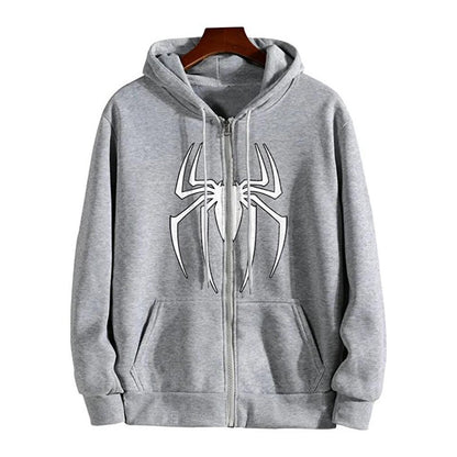 Spider Printed Oversize Zippered Gray Unisex Hooded Cardigan