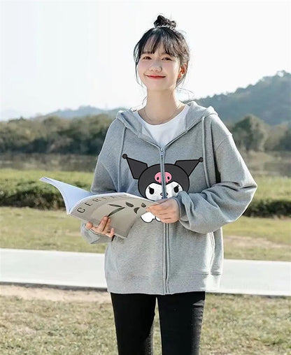 Kuromi Sitting Printed Oversize Zippered Gray Unisex Hooded Cardigan