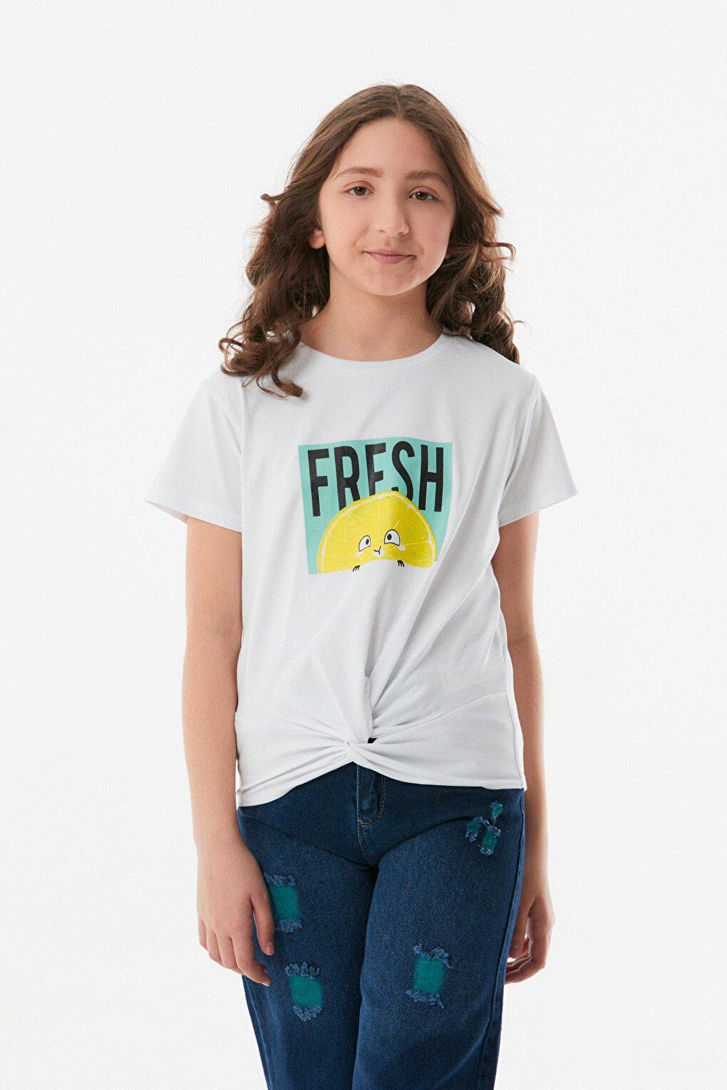 Printed Front Knotted Girls' T-Shirt