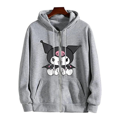 Kuromi Sitting Printed Oversize Zippered Gray Unisex Hooded Cardigan