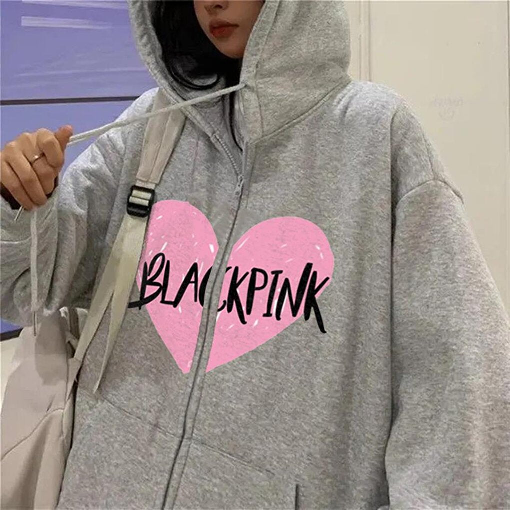 Blackpink Heart Printed Oversize Zippered Gray Unisex Hooded Cardigan