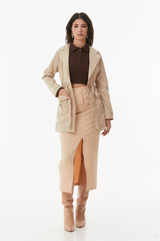 Faux Leather Trench Coat with Elastic Waist