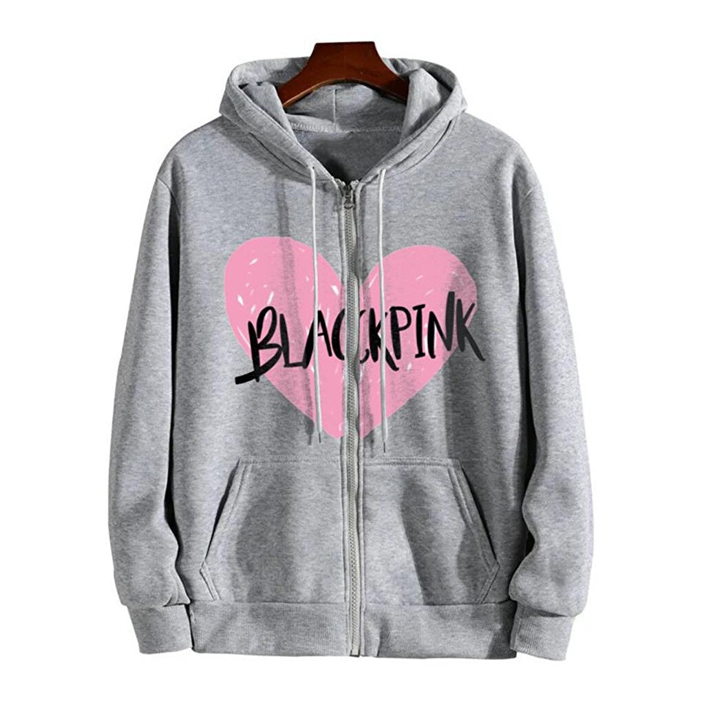 Blackpink Heart Printed Oversize Zippered Gray Unisex Hooded Cardigan