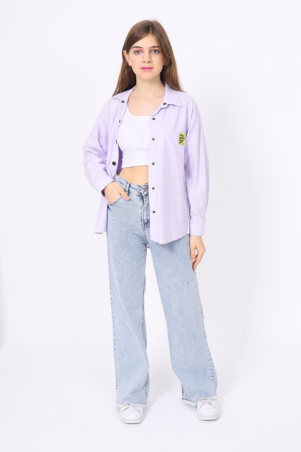 Girl's Comfortable Cut Linen Shirt with Pattern on the Back Lx212