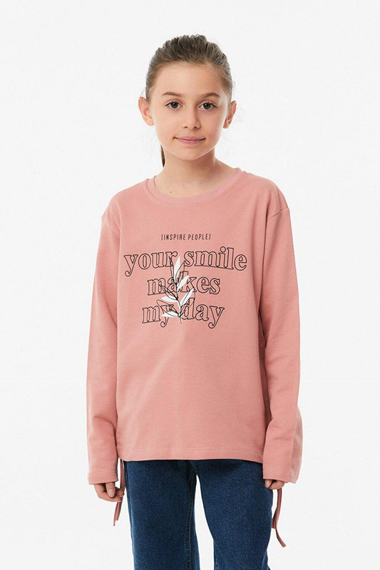 Printed Side Gathered Girl's Sweatshirt