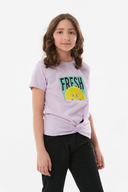 Printed Front Knotted Girls' T-Shirt