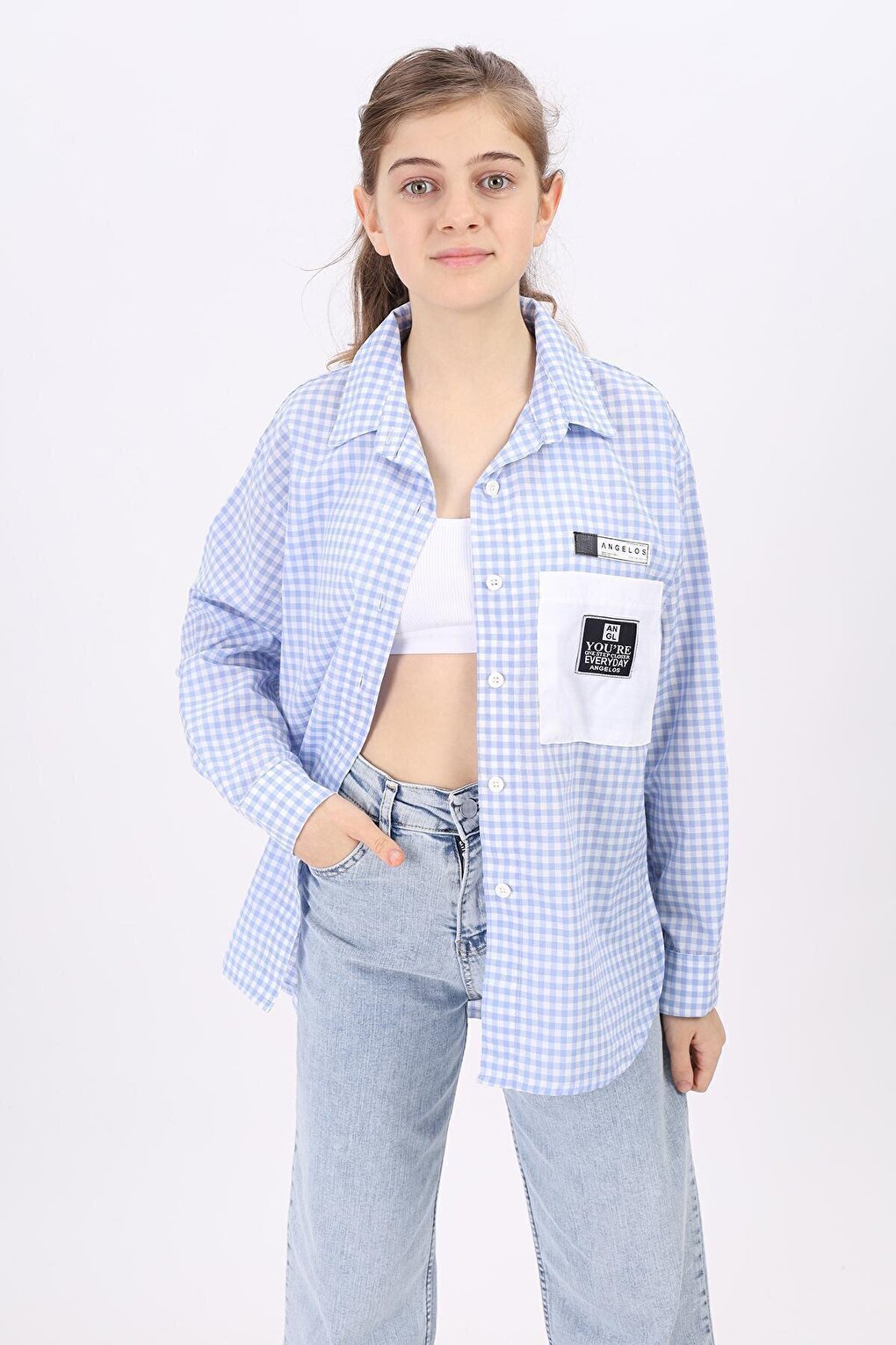 Girl's Pocket Garnished Pitikare Plaid Shirt Lx183-2