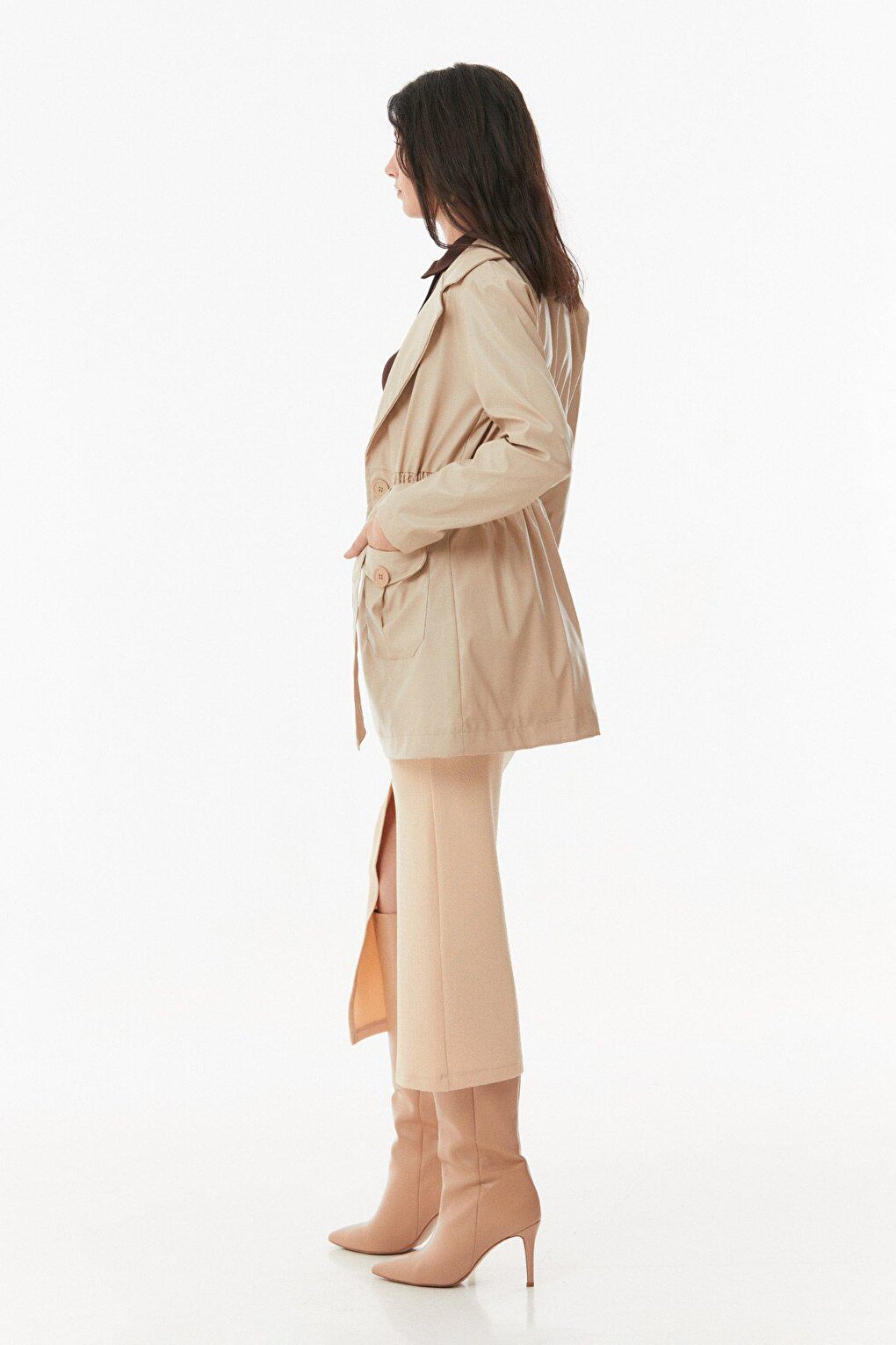 Faux Leather Trench Coat with Elastic Waist