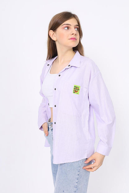 Girl's Comfortable Cut Linen Shirt with Pattern on the Back Lx212