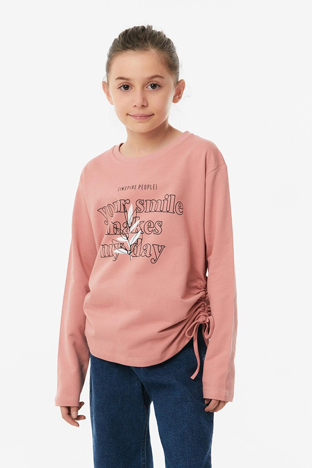 Printed Side Gathered Girl's Sweatshirt