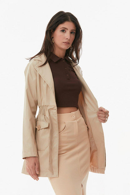 Faux Leather Trench Coat with Elastic Waist