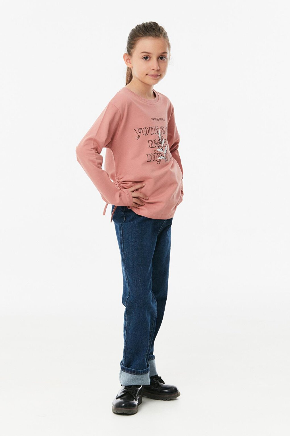 Printed Side Gathered Girl's Sweatshirt