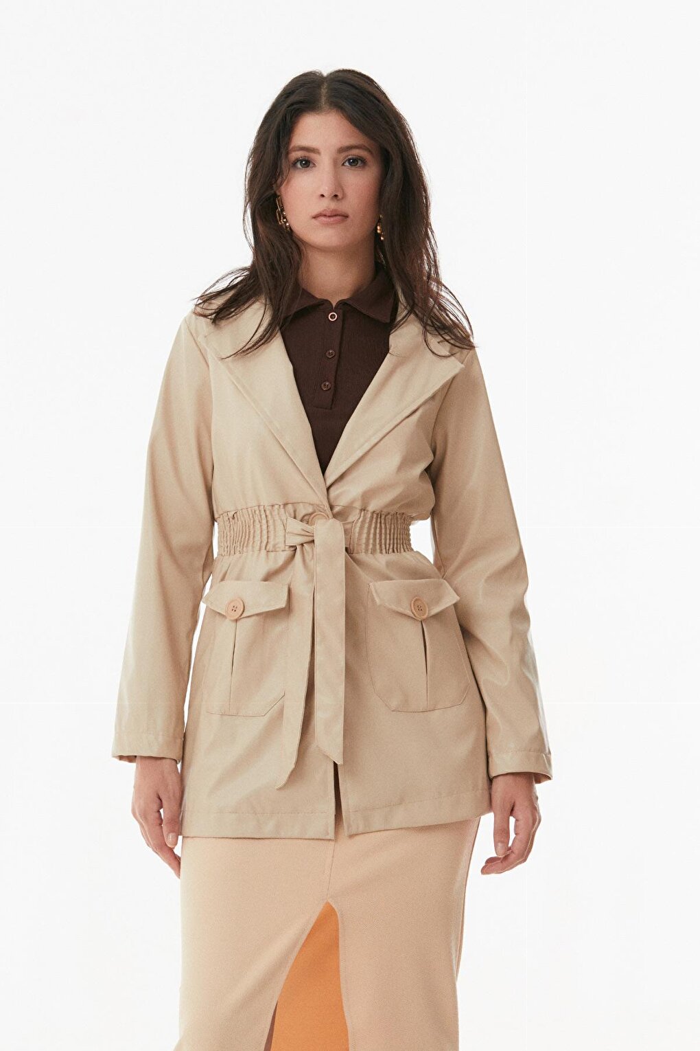 Faux Leather Trench Coat with Elastic Waist