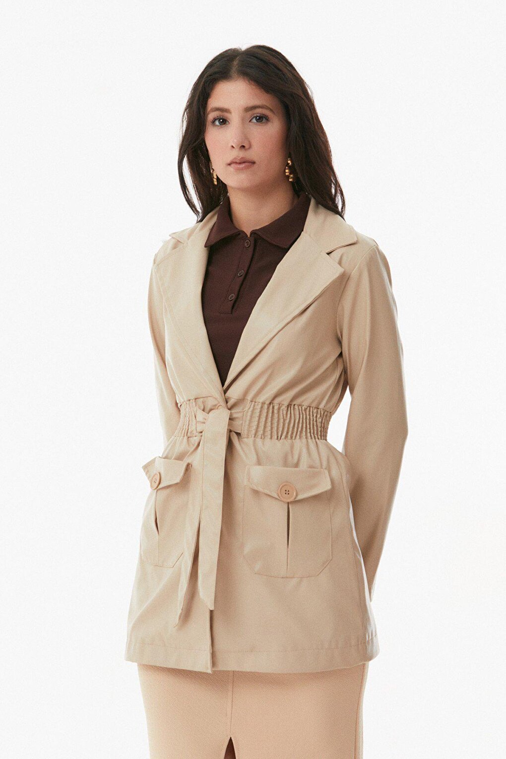 Faux Leather Trench Coat with Elastic Waist