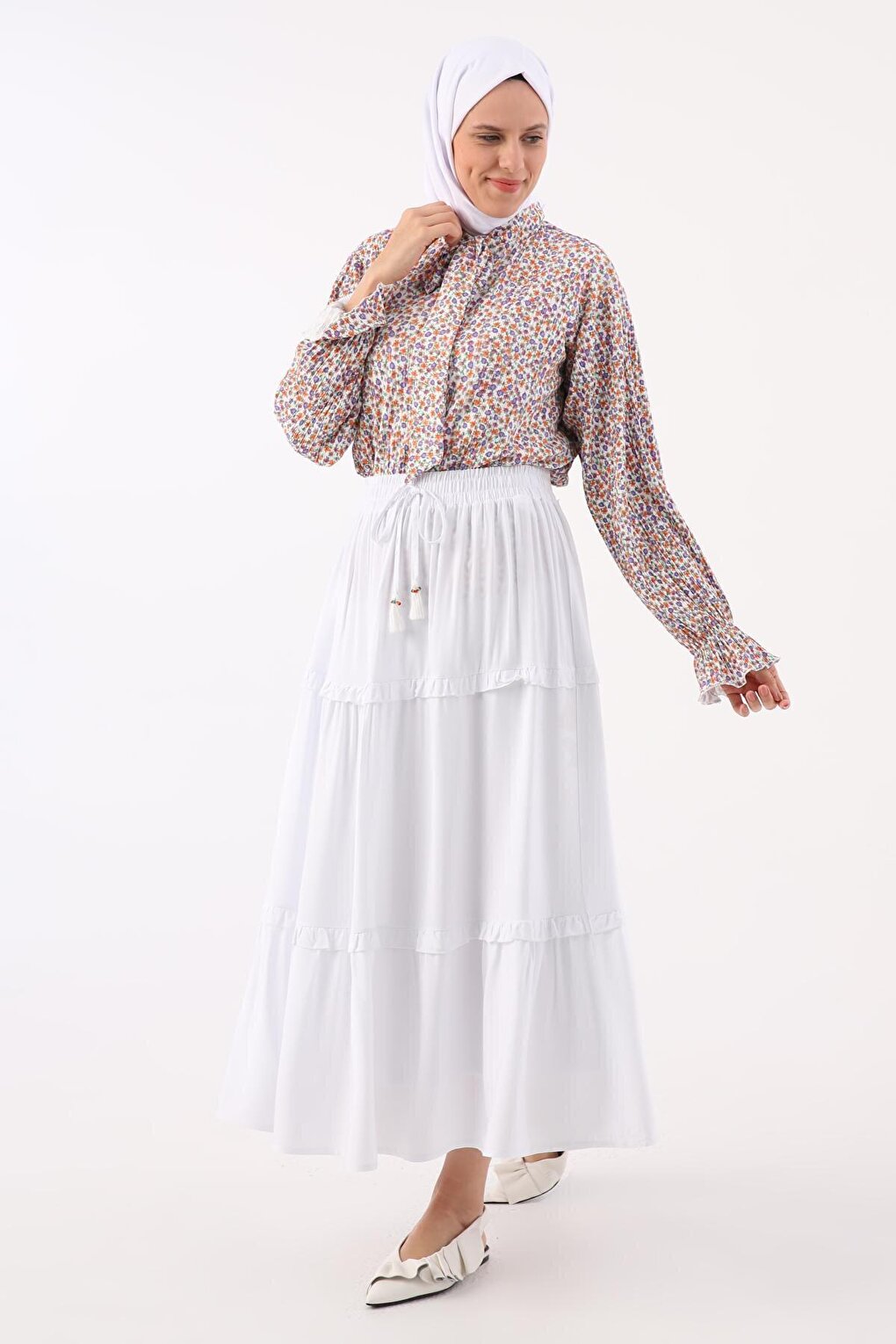 White Ruffled Viscose Skirt with Elastic Waist