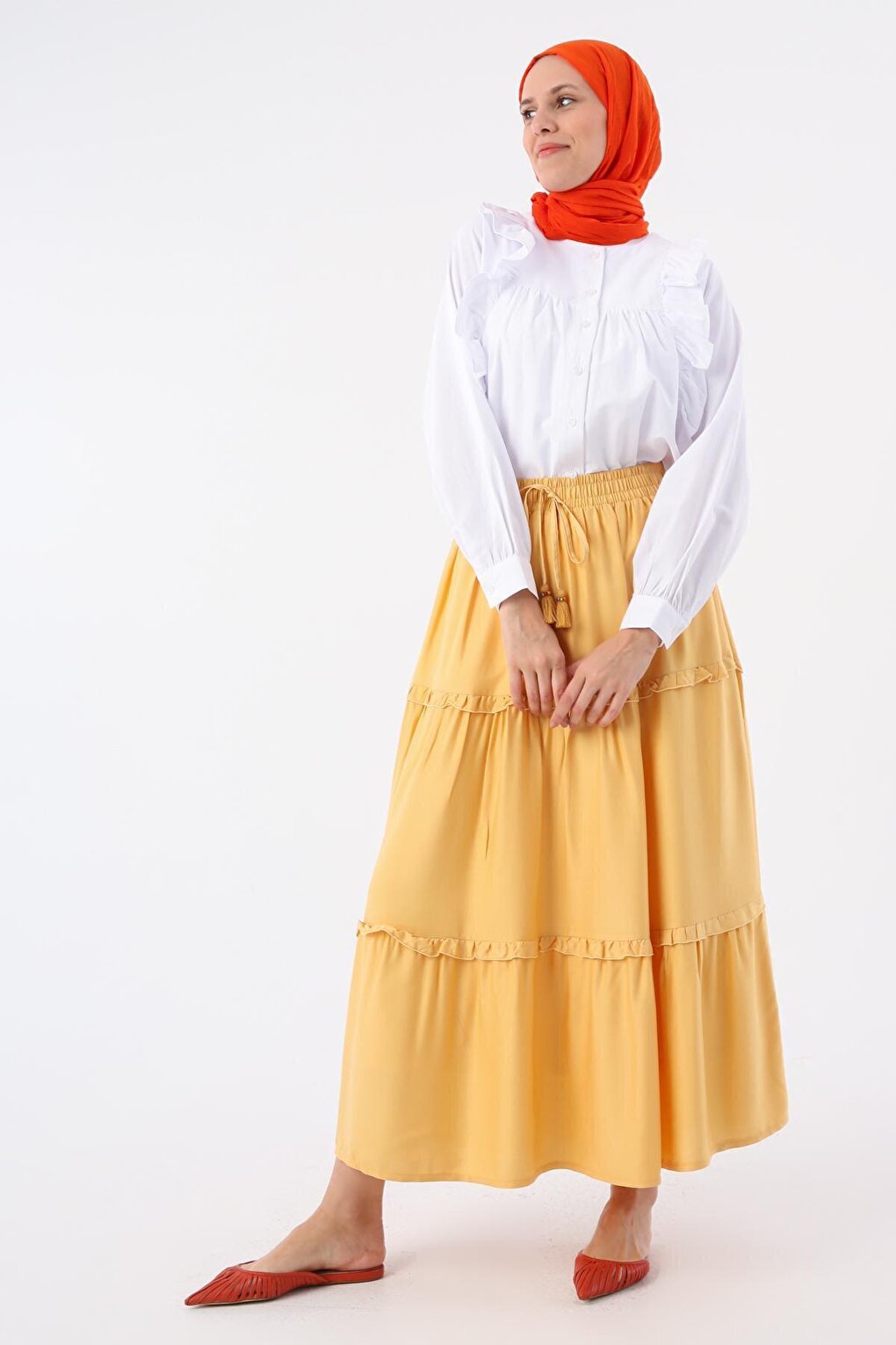 Yellow Elastic Waist Ruffled Viscose Skirt