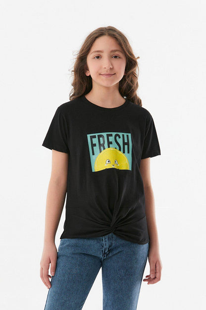 Printed Front Knotted Girls' T-Shirt