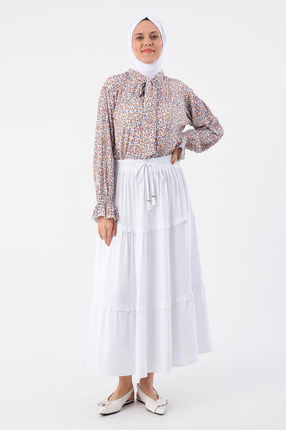 White Ruffled Viscose Skirt with Elastic Waist