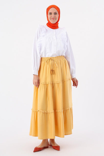 Yellow Elastic Waist Ruffled Viscose Skirt