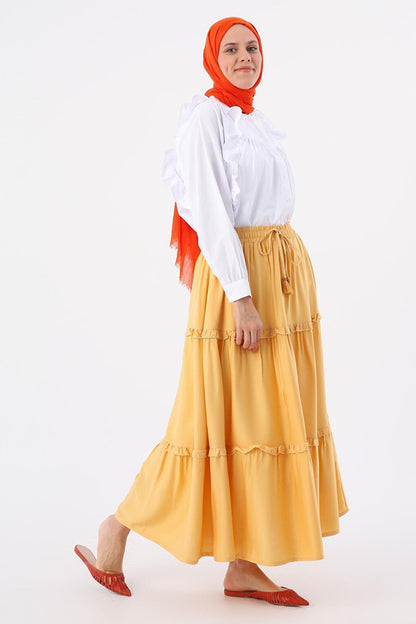 Yellow Elastic Waist Ruffled Viscose Skirt