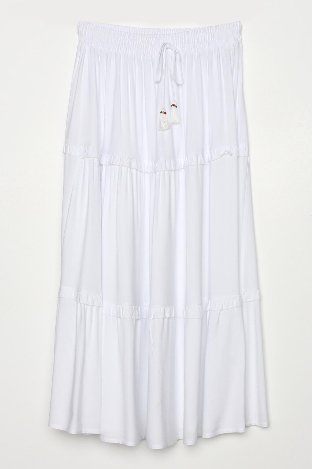 White Ruffled Viscose Skirt with Elastic Waist