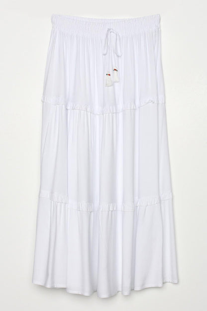 White Ruffled Viscose Skirt with Elastic Waist