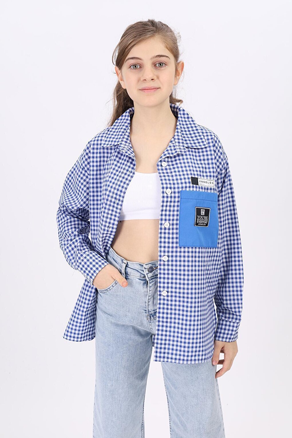 Girl's Pocket Garnished Pitikare Plaid Shirt Lx183-2