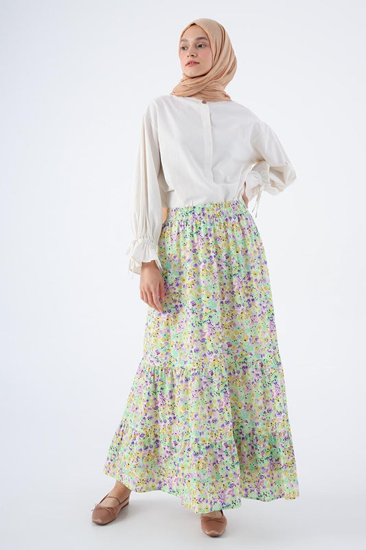 Ecru-Lilac 100% Cotton Patterned Skirt with Elastic Waist and Ruffle Detail