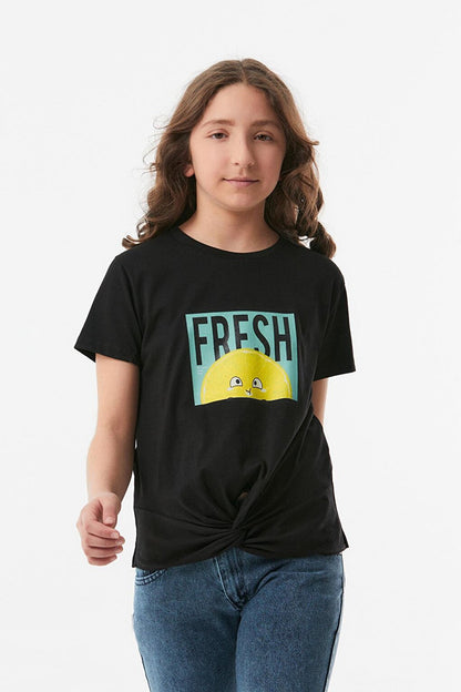 Printed Front Knotted Girls' T-Shirt