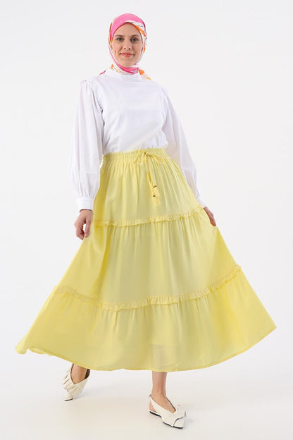 Light Yellow Ruffled Viscose Skirt with Elastic Waist