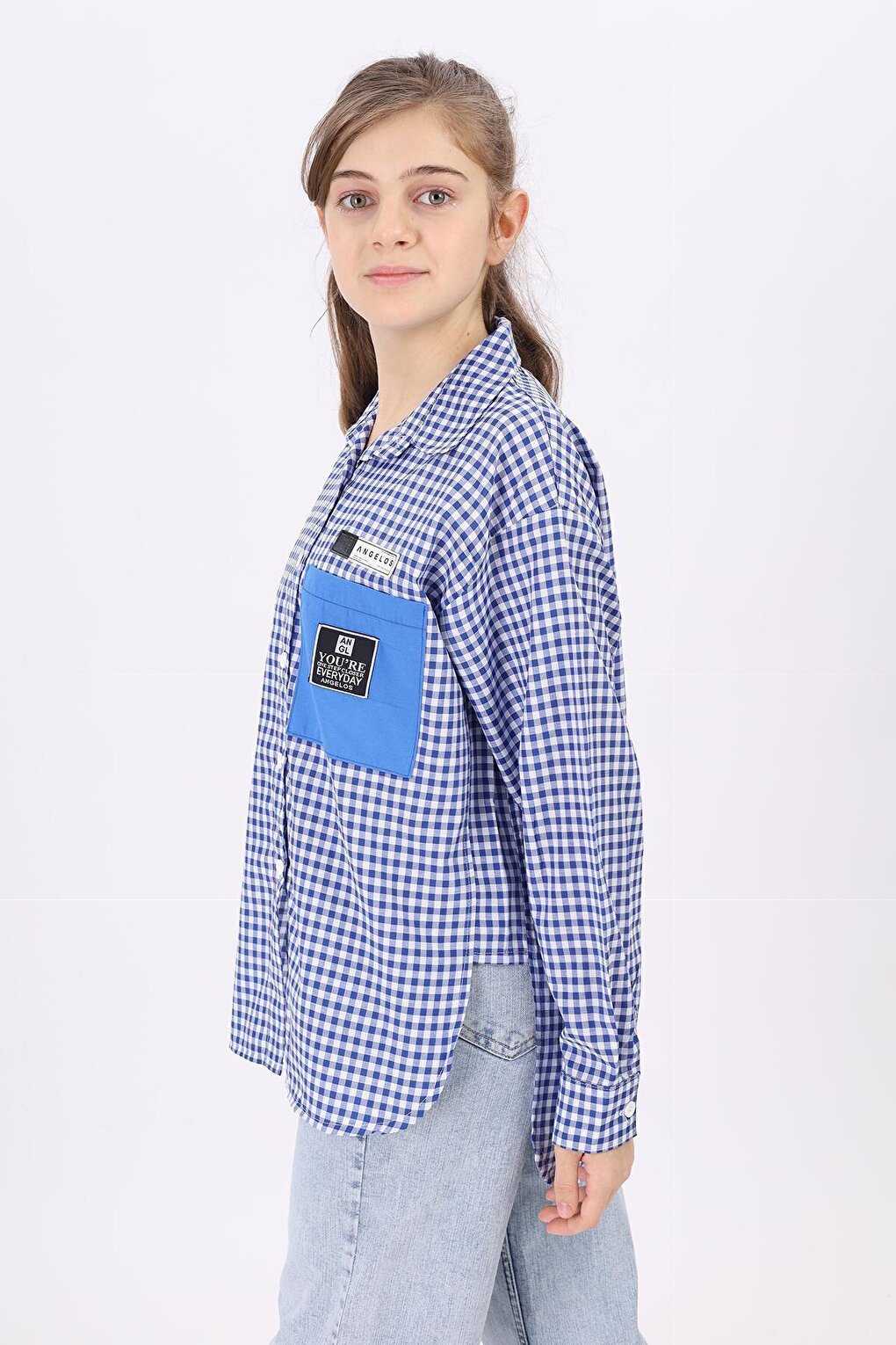 Girl's Pocket Garnished Pitikare Plaid Shirt Lx183-2