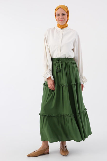 Khaki Elastic Waist Ruffled Viscose Skirt