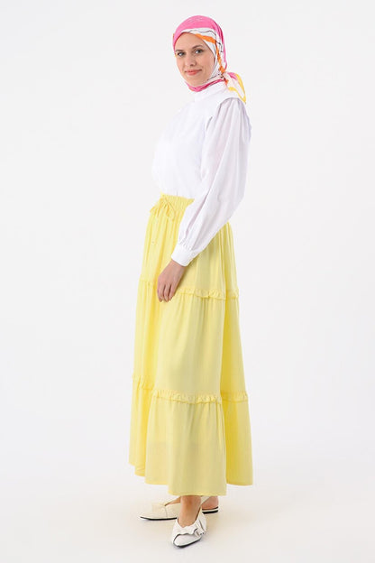 Light Yellow Ruffled Viscose Skirt with Elastic Waist