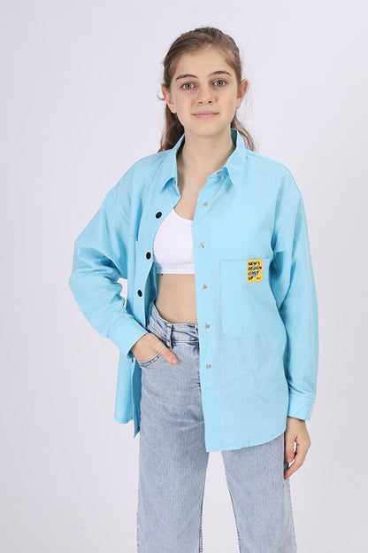 Girl's Comfortable Cut Linen Shirt with Pattern on the Back Lx212