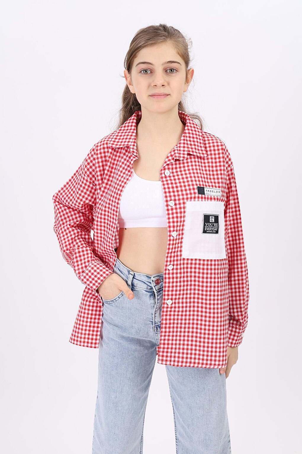 Girl's Pocket Garnished Pitikare Plaid Shirt Lx183-2