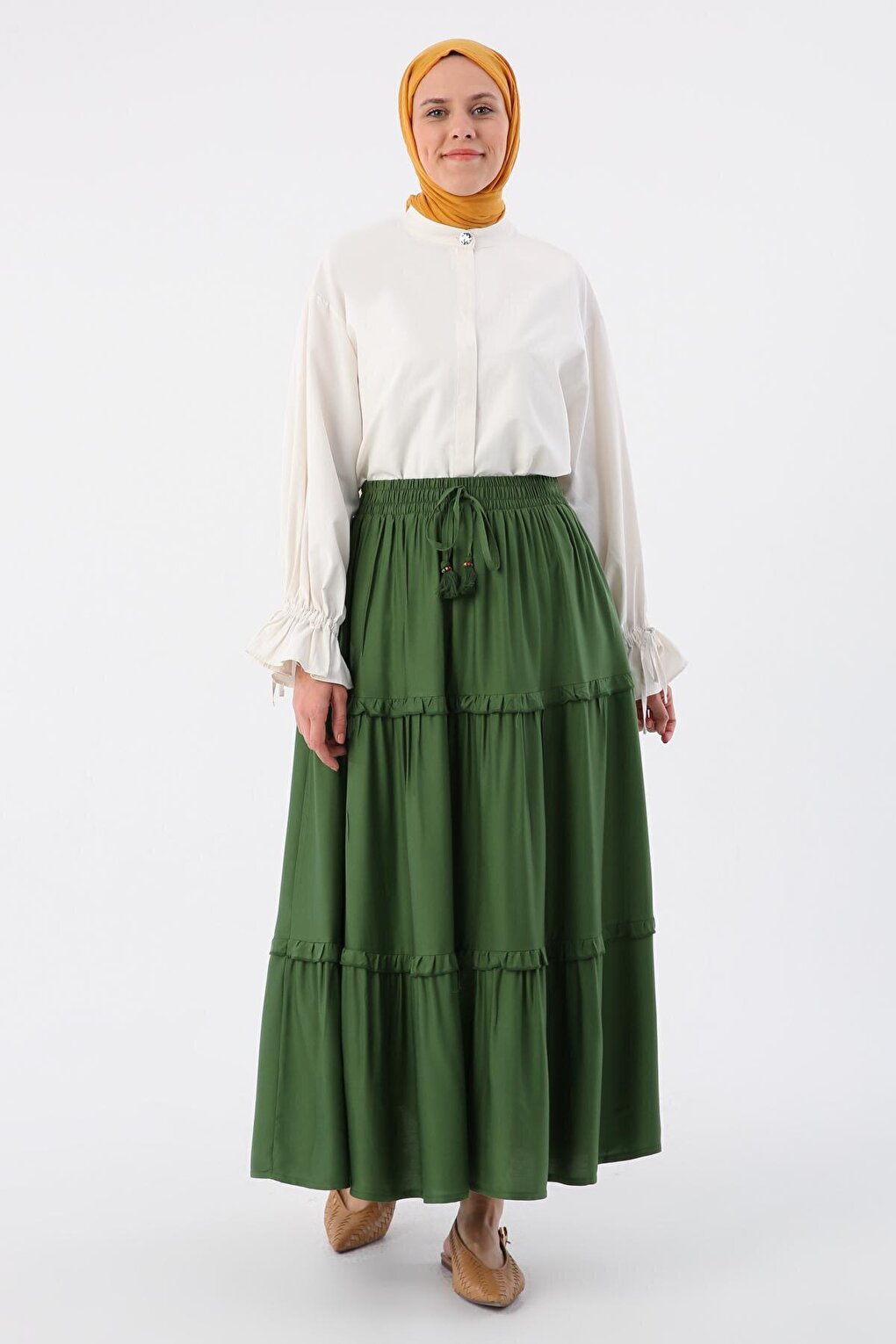 Khaki Elastic Waist Ruffled Viscose Skirt