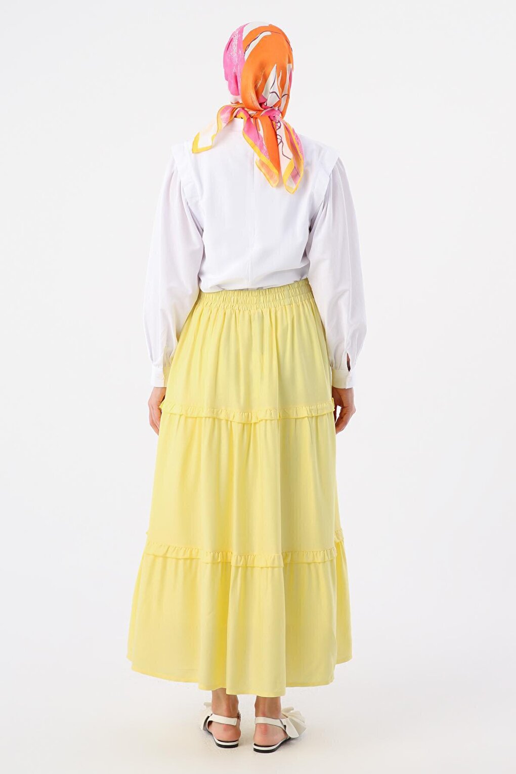 Light Yellow Ruffled Viscose Skirt with Elastic Waist