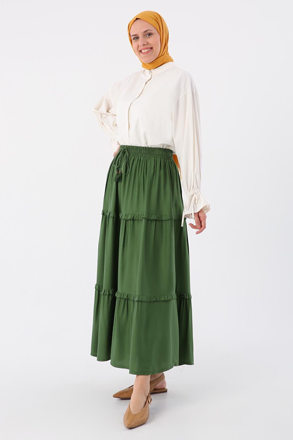 Khaki Elastic Waist Ruffled Viscose Skirt