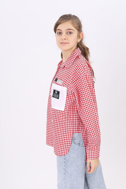 Girl's Pocket Garnished Pitikare Plaid Shirt Lx183-2