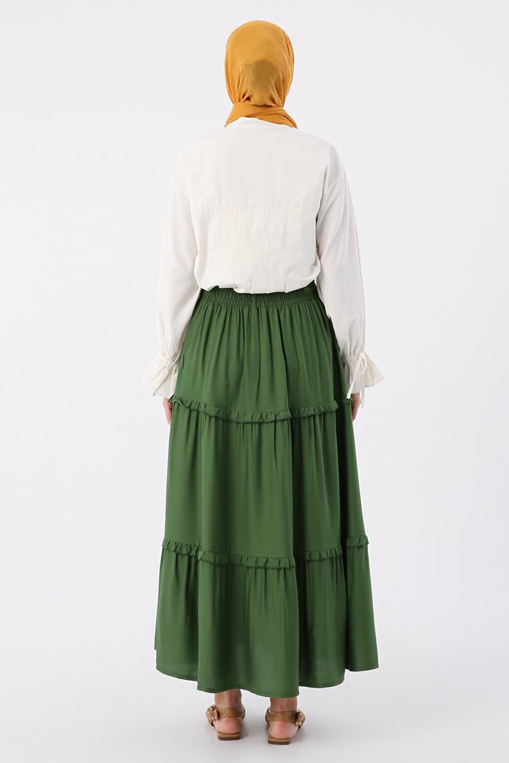 Khaki Elastic Waist Ruffled Viscose Skirt