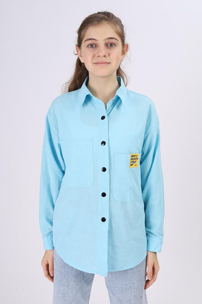 Girl's Comfortable Cut Linen Shirt with Pattern on the Back Lx212