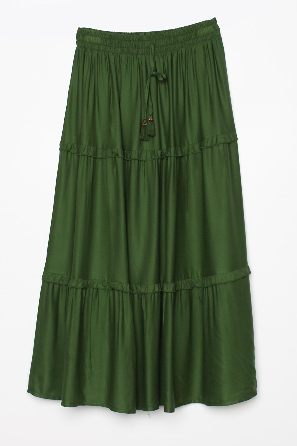 Khaki Elastic Waist Ruffled Viscose Skirt